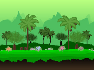 Fototapeta na wymiar Vector Seamless cartoon nature landscape, unending tropical background with palm trees, coconuts, exotic flowers and multiple levels mountains