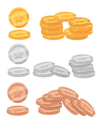 Set of colorful cartoon metal resources, coins of gold, bronze and silver for the design of mobile games and browser-based online applications.