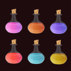 Set of colorful cartoon glass bottles with raglione therapeutic and super potions for the design of mobile games and browser-based online applications. - 102587854