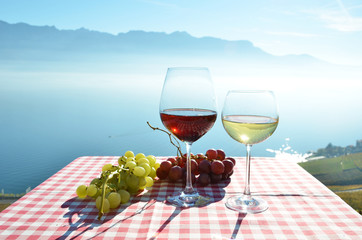 Wine and grapes against Geneva lake, Switzerland