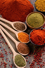 Variety of spices on kitchen table