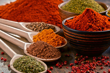 Variety of spices on kitchen table