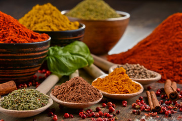Variety of spices on kitchen table