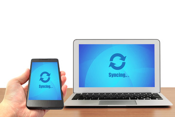 smartphone synchronize with laptop, isolated on white
