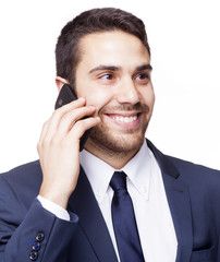 Smiling business man talking on the cell phone, isolated on whit