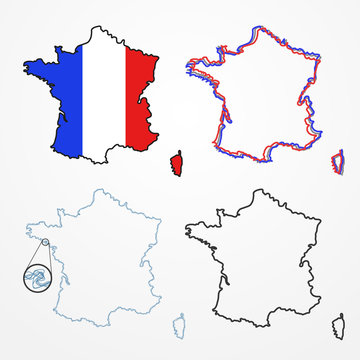 Collection of four France silhouettes - abstract line country borders in different styles