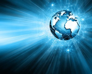 Best Internet Concept of global business. Globe, glowing lines on technological background. Electronics, Wi-Fi, rays, symbols Internet, television, mobile and satellite communications