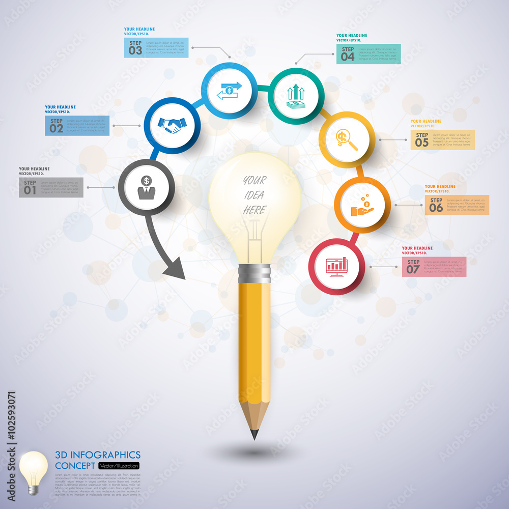 Wall mural 3d light bulb timeline infographics with icons set. vector. illu