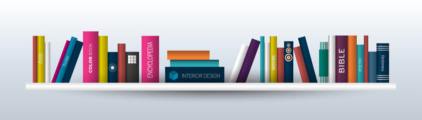 Obraz premium Book shelf. Realistic vector illustration. Bookstore indoor.