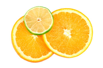 a slice of orange and lime on a white isolated background
