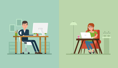 Workspace: office and coworking. Men and women in the workplace in different interiors.
