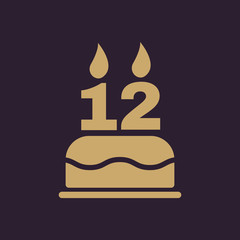 The birthday cake with candles in the form of number 12 icon. Birthday symbol. Flat