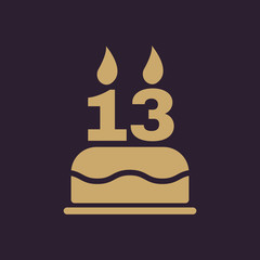 The birthday cake with candles in the form of number 13 icon. Birthday symbol. Flat