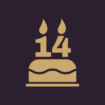 The birthday cake with candles in the form of number 14 icon. Birthday symbol. Flat