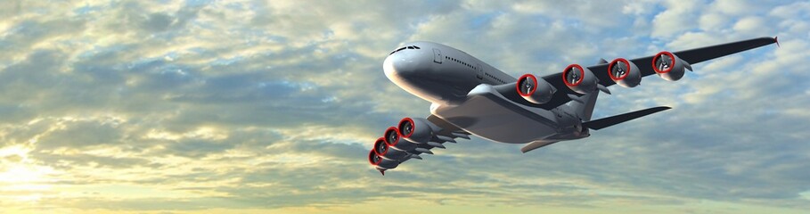 Obraz premium Modern Passenger Airplane in the sky at sunset - panorama