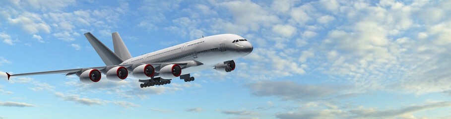 Fototapeta na wymiar Modern Passenger Airplane fly in the sky - panorama