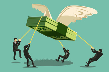 The big project. Businessman catch money shaped like a giant bird.Business Collaboration.Giant money will fly away.Approach to communication for finance. Graphic design and vector EPS 10 - obrazy, fototapety, plakaty