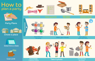 How to plan a party.Character for info-graphic party.Flat character guide to plan a party.sign of party .Illustration for idea and approach to communication for party.Infographic of a party.EPS 10.