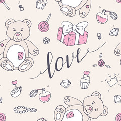 Valentine day seamless pattern with teddy bear, sweets and LOVE hand drawn sign
