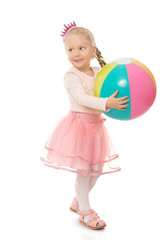 Funny little girl playing with ball - Isolated on white background