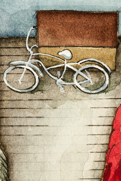 Old-fashioned vintage extraordinary bicycle as watercolor illustration painting