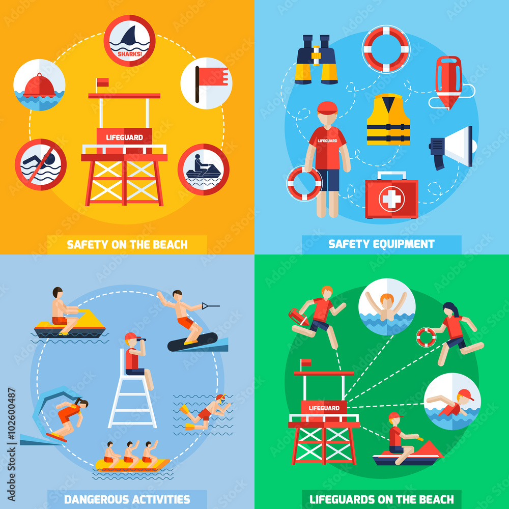 Sticker lifeguard 4 flat icons square composition