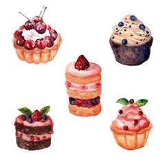 Set of hand drawn cakes with watercolor texture. Cake with cream, jam, berry. Hand painted sweet cake on white background. Illustration for recipe, menu, design of cafe, interior, magazine, restaurant