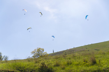 Multiple paragliders with their parachutes on a sunny day near city of Koktebel in the Crimea, Ukraine