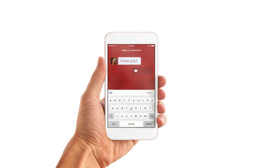 I love you message on smart phone display in man hand with isolated background.