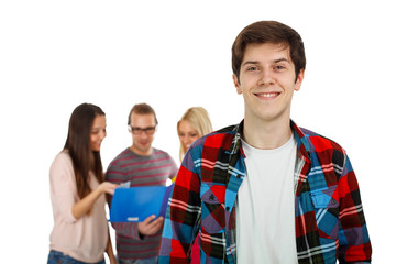 Four college students focus on a boy who is ahead