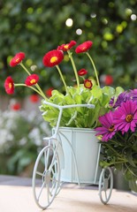 Fr&ouml;hliche Dekoration mit frischen Blumen im Garten