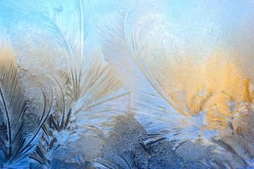 Window glass covered with ice pattern against sunset