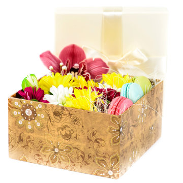 Closeup of  Flowers and macaroon in a box of heart shape (Shallo