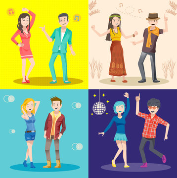 Dancing style of design concept set.Fashion for Social party.Theme of dance background.Couples in party.Dance flat set isolated. Illustration for idea of party.Approach to communication for party.