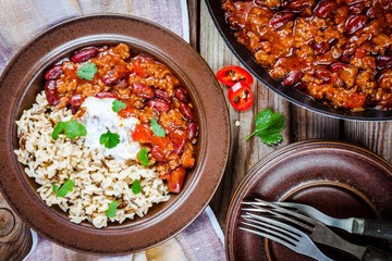 Homemade chili with beans and wild rice