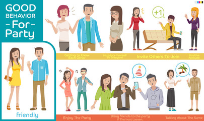 How to join at a Party.Practice guidelines for the party.Good behavior Character people for a great party.Illustration for idea and approach to communication for party.Info-graphic of a party. EPS 10.