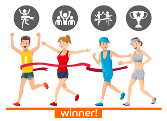 Fototapeta na wymiar Winner in the marathon race.Icons of winner marathon.Friendship in Competition.Champions person.Runners in the race.sportsmanship.The beautifully finished.Illustration for advertise marathon.EPS 10.