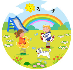 Playground: cartoon illustration of kids playing together at the park in spring. Vector
