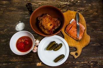 Still Life With grilled meat of turkey and salt salmon fillet