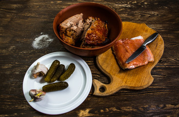 Still Life With grilled meat of turkey and salt salmon fillet