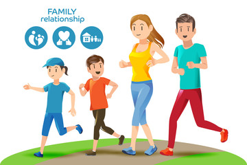 Family activities.Good relations in family.Family holiday.Healthy care in family.Icons and character of family.Illustration for advertise family running sport.Graphic design and vector EPS 10.