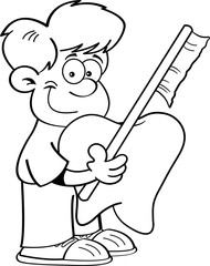 Black and white illustration of a boy holding a tooth and a toothbrush.