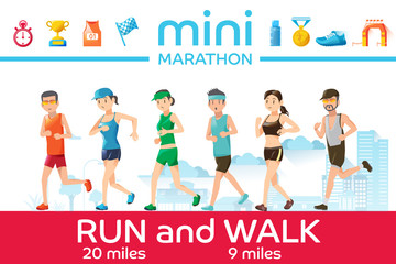 Marathon concept.Basic icons of running race.The race was run in city.Character of runner.outdoor sports concept design.Illustration for advertise running sport.Graphic design and vector EPS 10.