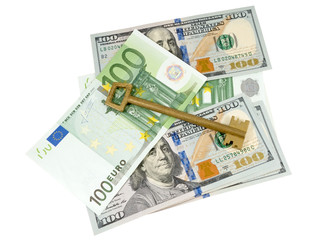 Euro banknotes, dollars and key