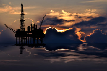 Illustration of oil platform on sea and sunset in background