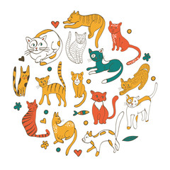 Cute colorful set of hand drawn cats with twigs flowers and leaves