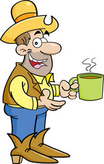 Cartoon illustration of a cowboy with a cup of coffee.