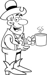 Black and white illustration of a cowboy with a cup of coffee.