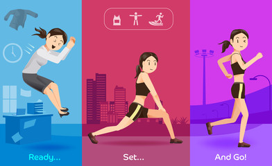 Health care, after hard work.Exercise after work in evening day.The routine women.Discipline of healthy people.Illustration for advertise healthy lifestyle.Graphic design and vector EPS 10.