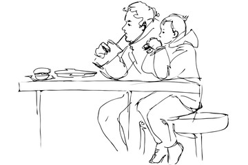vector sketch father and son at the table in a cafe